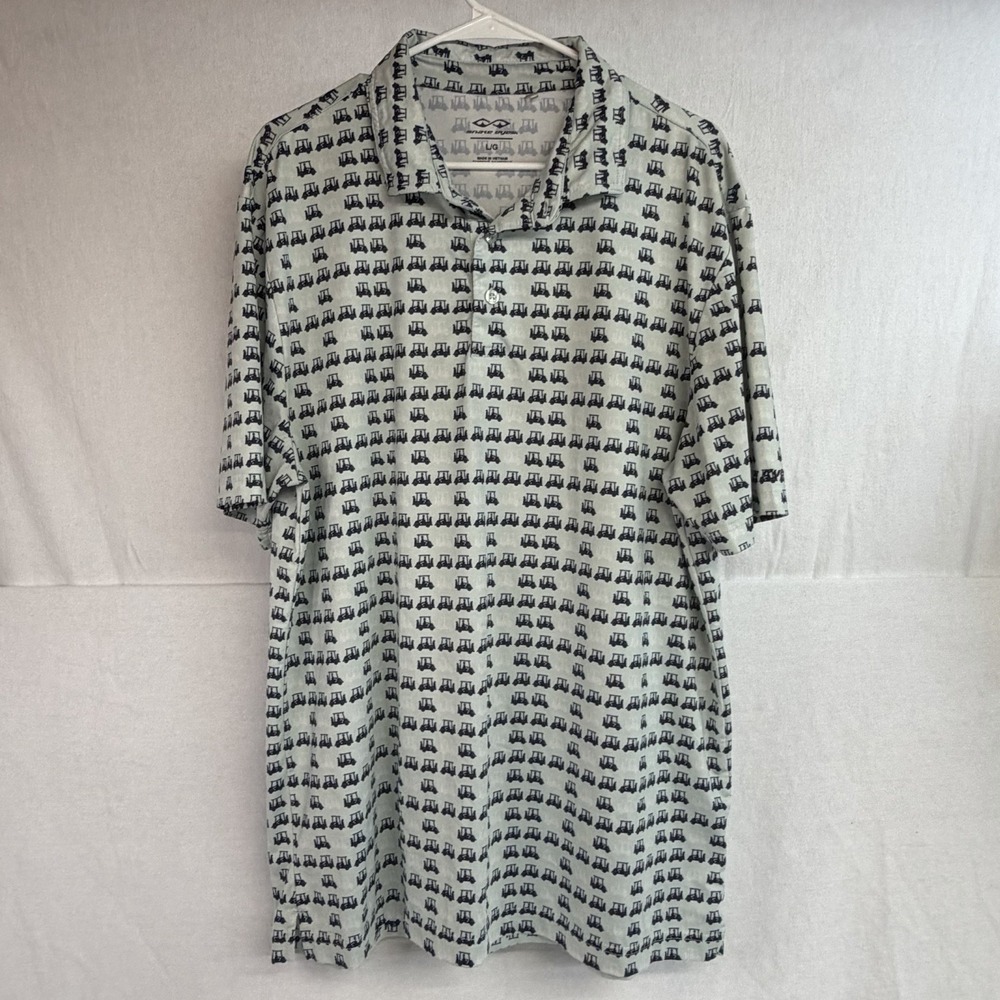 Men's Large Snake Eyes Golf Polo Lt Blue w/ Black & White Golf Cart Print Sport